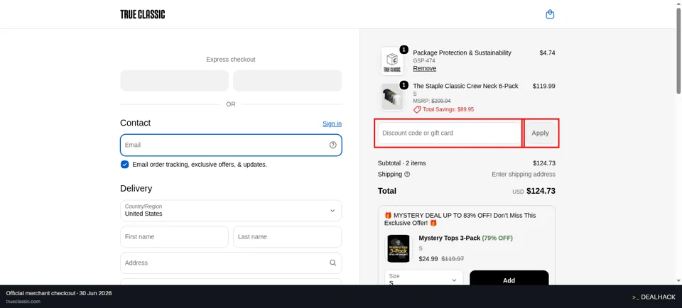 True Classic checkout page showing the Discount code or gift card field and Apply button
