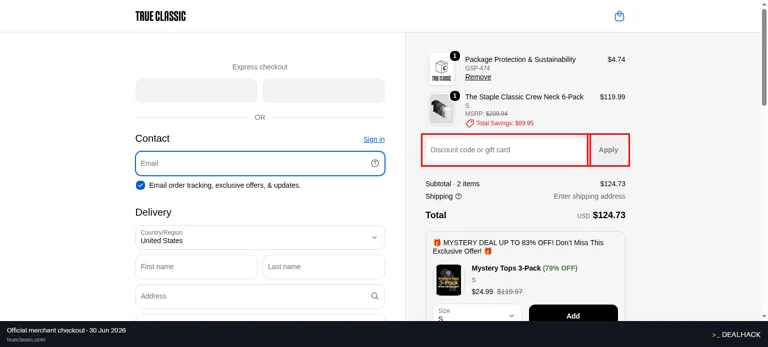 True Classic checkout page showing the Discount code or gift card field and Apply button