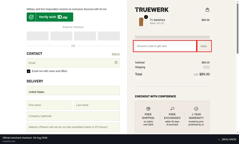 Truewerk checkout page showing the Discount code or gift card field and Apply button
