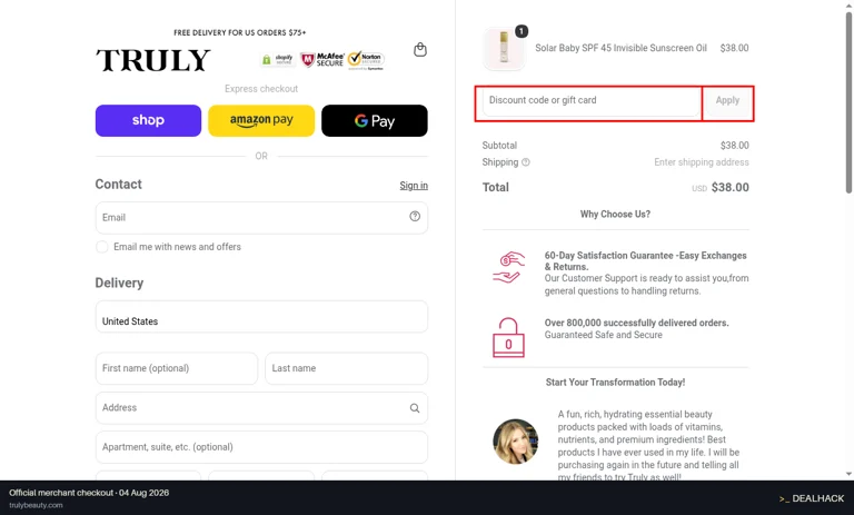 Truly Beauty checkout page showing the Discount code or gift card field and Apply button