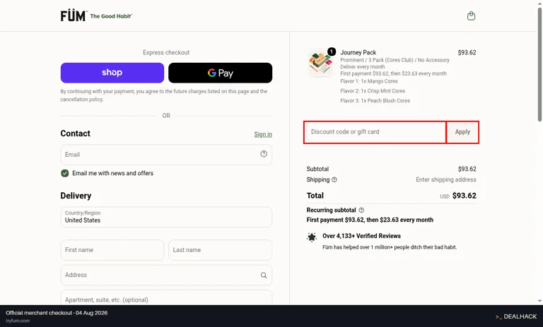 Füm checkout page showing the Discount code or gift card field and Apply button