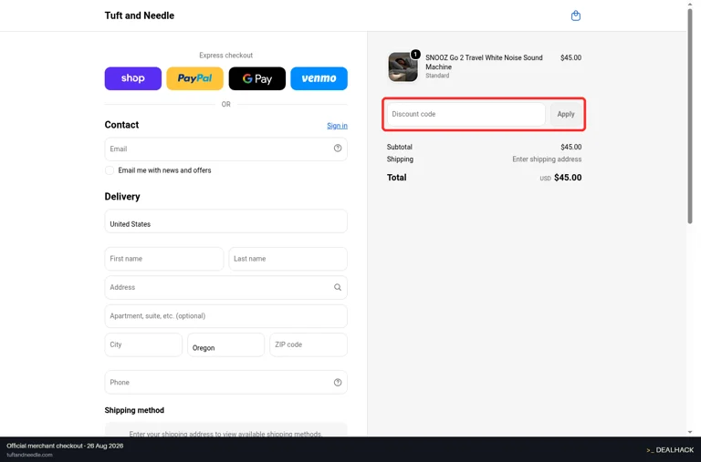 Tuft & Needle checkout page showing the Discount code field and Apply button