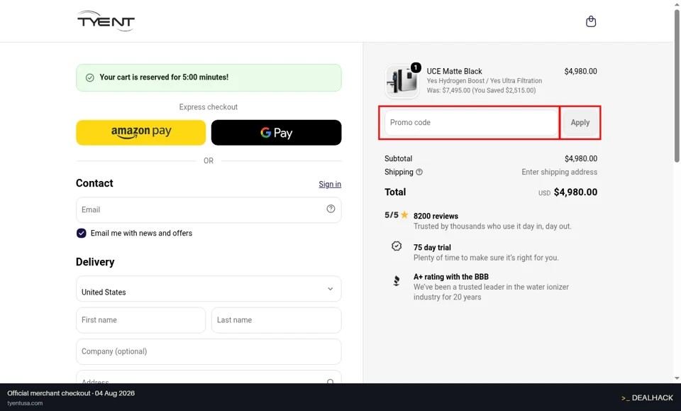 Tyent USA checkout page showing the Promo code field and Apply button