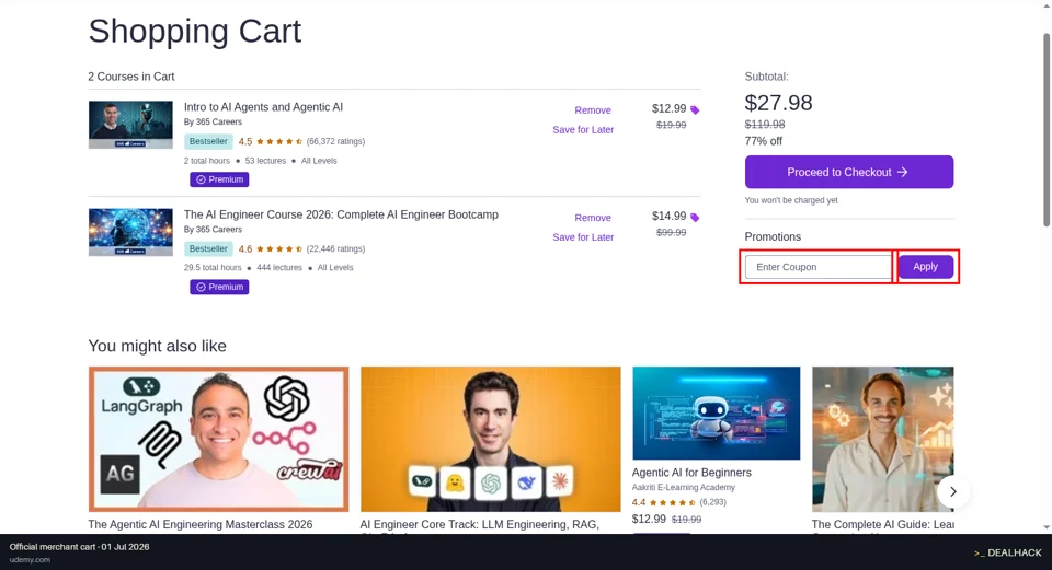 Udemy checkout page showing the Enter Coupon field and Apply button