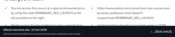 Screenshot of Udemy's website on Oct 22, 2026 showing the "Get the SEO Masterclass for $19.99" offer
