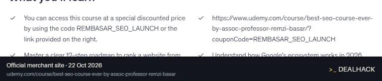 Screenshot of Udemy's website on Oct 22, 2026 showing the "Get the SEO Masterclass for $19.99" offer