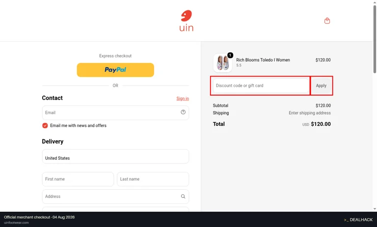 UIN Footwear checkout page showing the Discount code or gift card field and Apply button