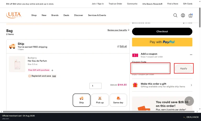 Ulta checkout page showing the Coupon Code field and Apply button