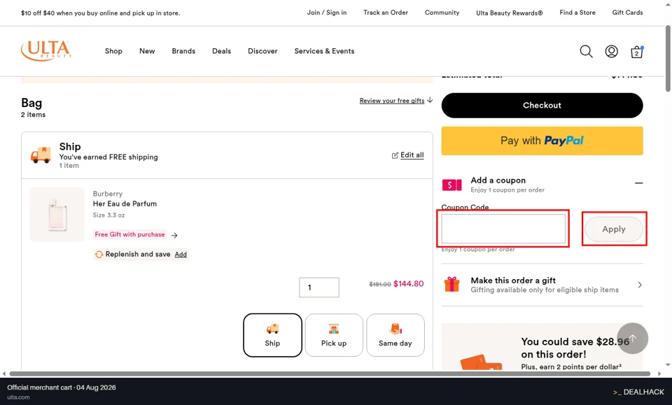 Ulta checkout page showing the Coupon Code field and Apply button