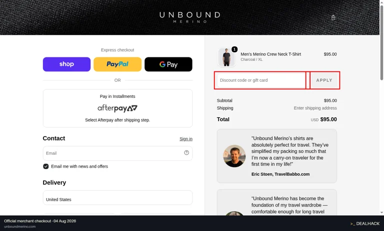 Unbound Merino checkout page showing the Discount code or gift card field and Apply button