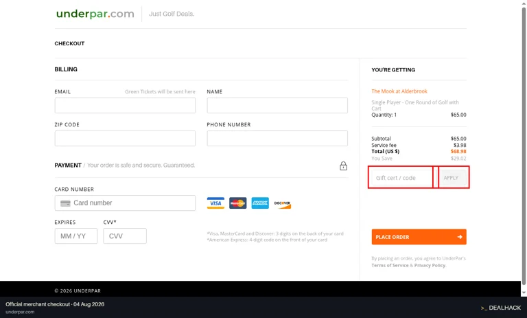 UnderPar checkout page showing the Gift cert / code field and Apply button