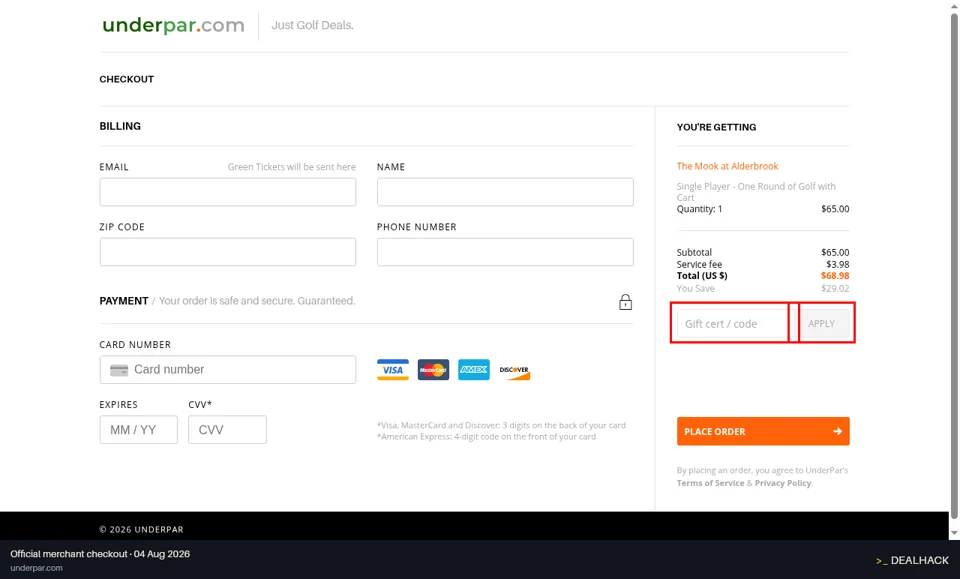 UnderPar checkout page showing the Gift cert / code field and Apply button