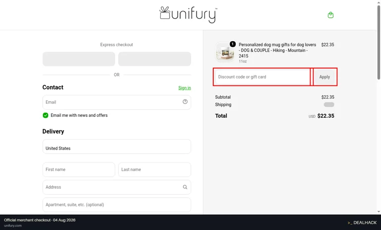 Unifury checkout page showing the Discount code or gift card field and Apply button