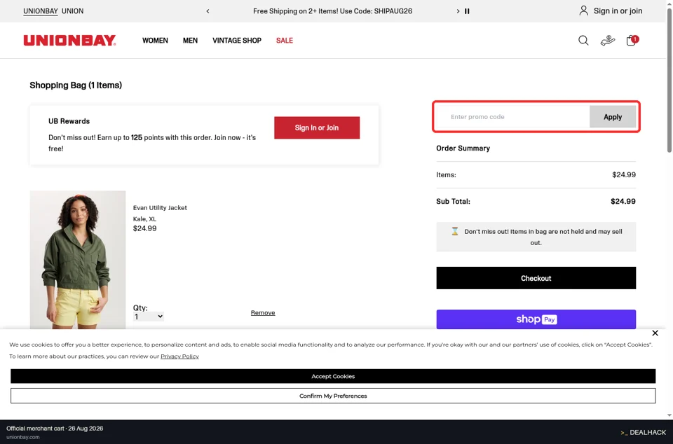 UNIONBAY checkout page showing the Enter promo code field and Apply button