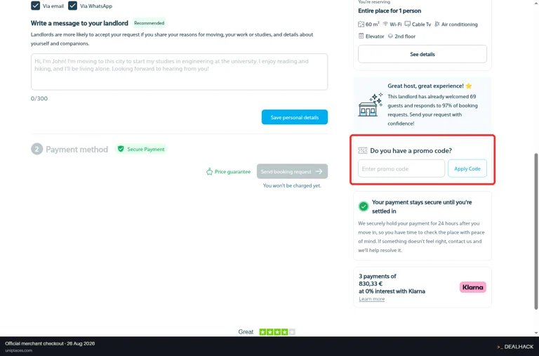 Uniplaces checkout page showing the Enter promo code field and Apply Code button
