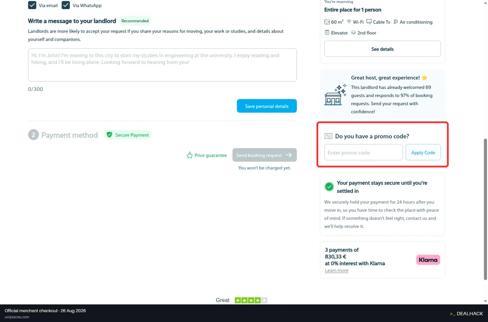 Uniplaces checkout page showing the Enter promo code field and Apply Code button