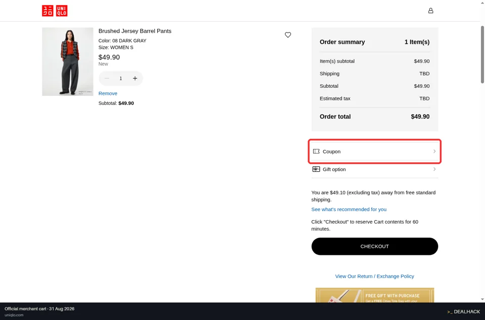 UNIQLO checkout page showing the Coupon field and Apply button