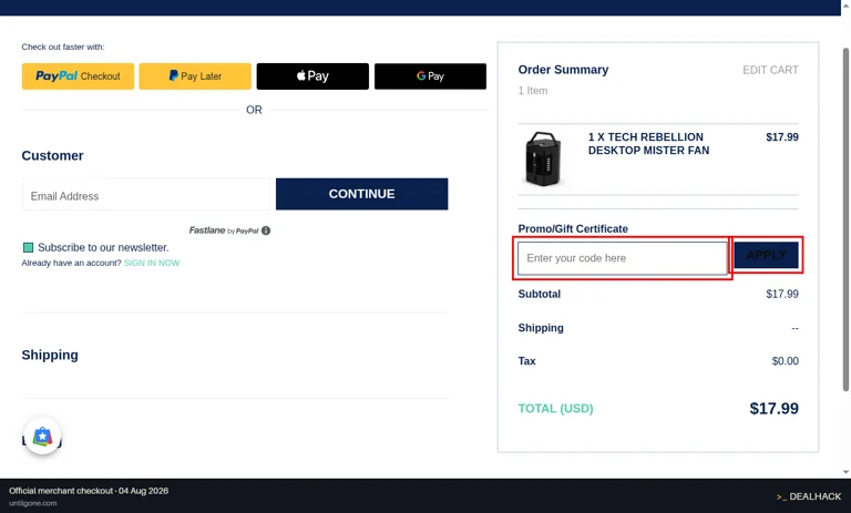 Until Gone checkout page showing the Enter your code here field and APPLY button