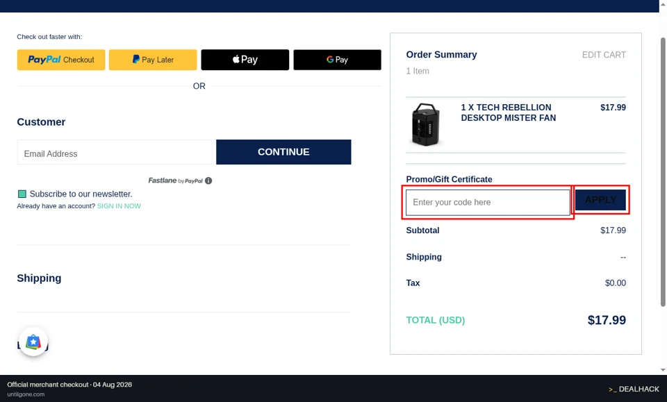 Until Gone checkout page showing the Enter your code here field and APPLY button
