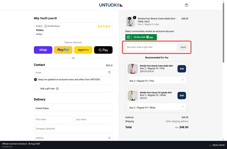 Untuckit checkout page showing the Discount code or gift card field and Apply button