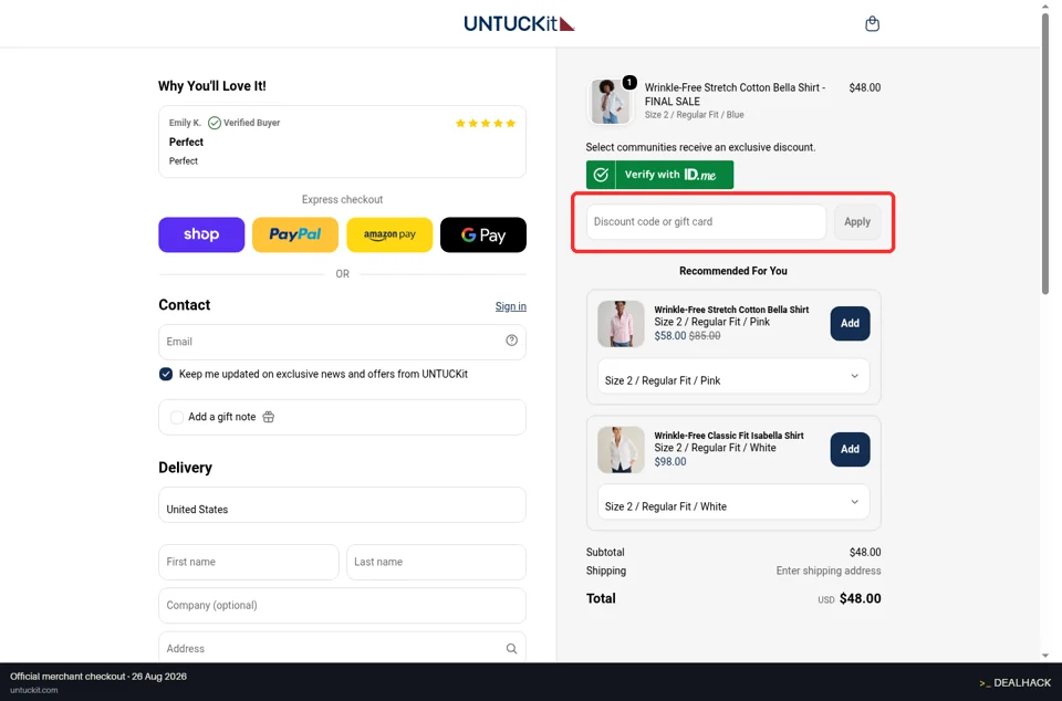 Untuckit checkout page showing the Discount code or gift card field and Apply button
