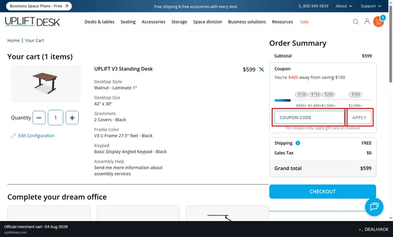 UPLIFT Desk checkout page showing the Coupon Code field and Apply button