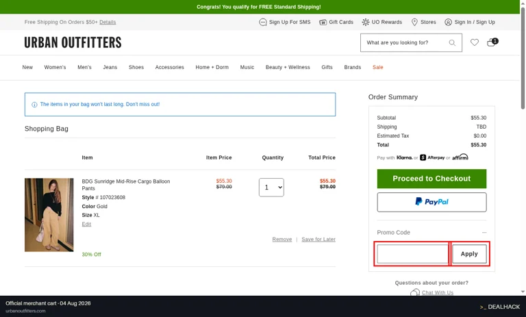 Urban Outfitters checkout page showing the Promo Code field and Apply button