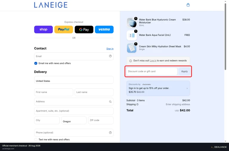 Laneige checkout page showing the Discount code or gift card field and Apply button