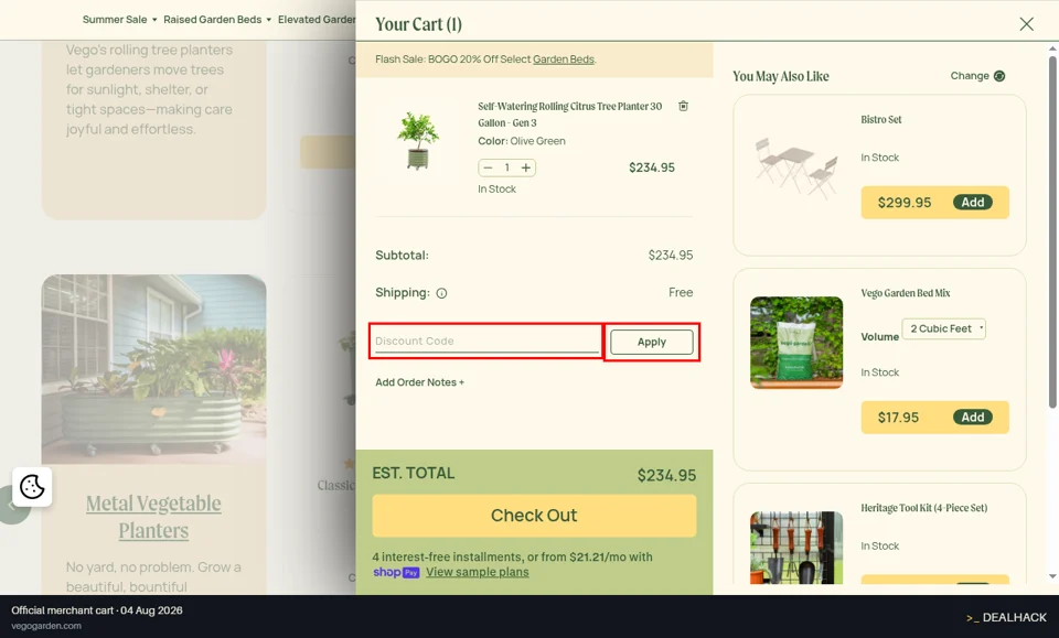 Vego Garden checkout page showing the Discount Code field and Apply button