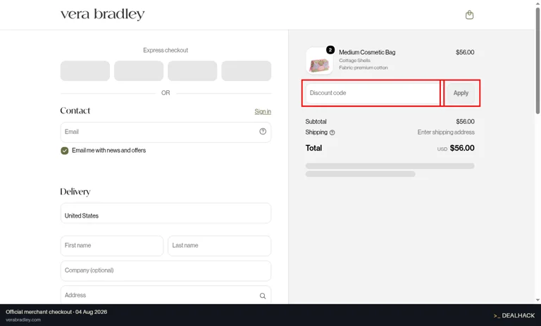 Vera Bradley checkout page showing the Discount code field and Apply button