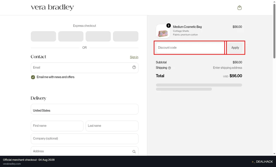 Vera Bradley checkout page showing the Discount code field and Apply button
