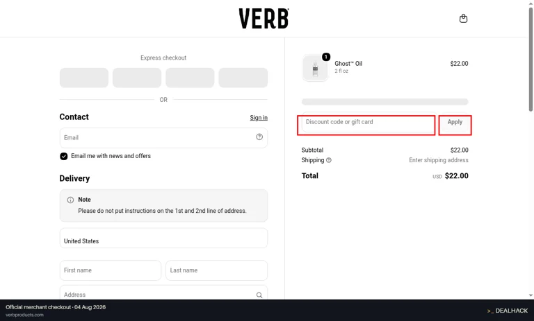 Verb checkout page showing the Discount code or gift card field and Apply button