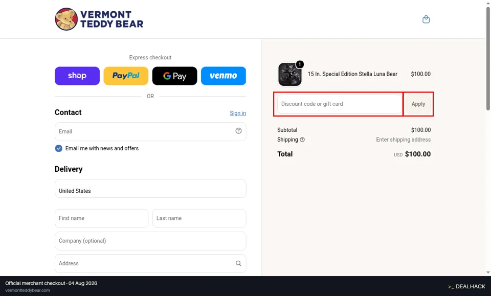 Vermont Teddy Bear checkout page showing the Discount code or gift card field and Apply button