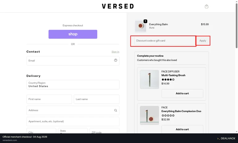 Versed Skincare checkout page showing the Discount code or gift card field and Apply button