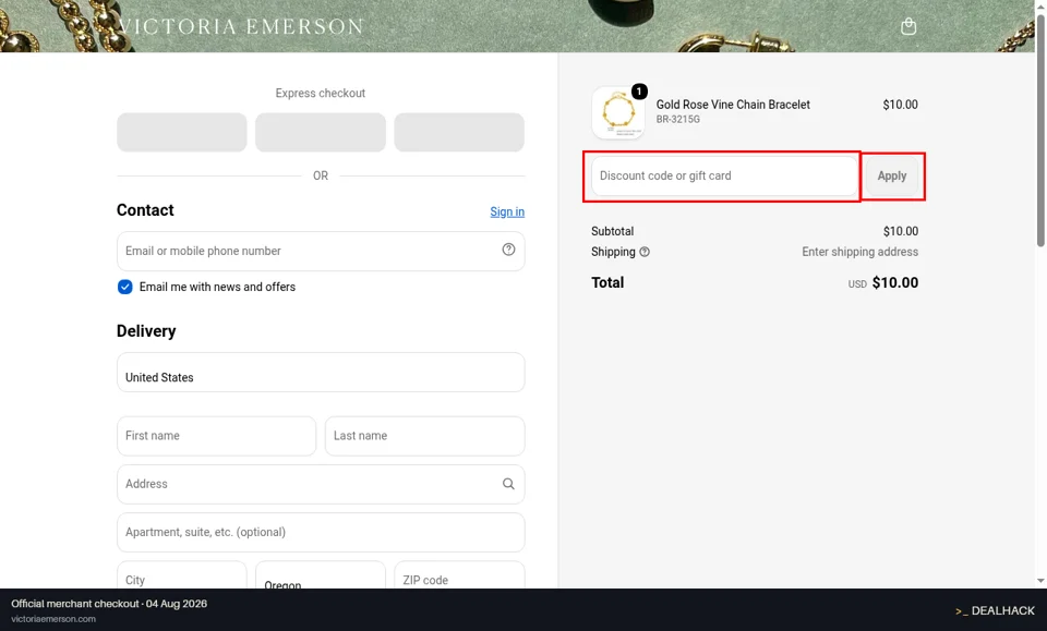 Victoria Emerson checkout page showing the Discount code or gift card field and Apply button