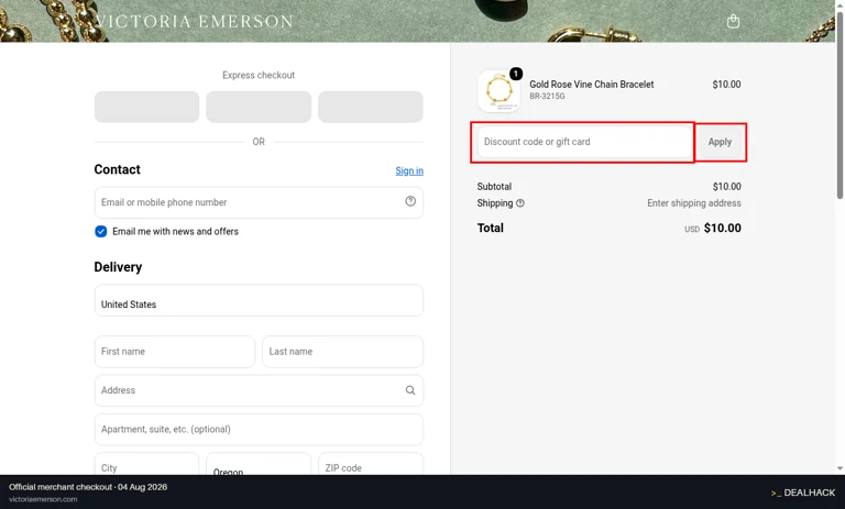 Victoria Emerson checkout page showing the Discount code or gift card field and Apply button