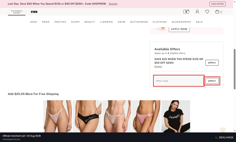 Victoria's Secret checkout page showing the Offer Code field and Apply button