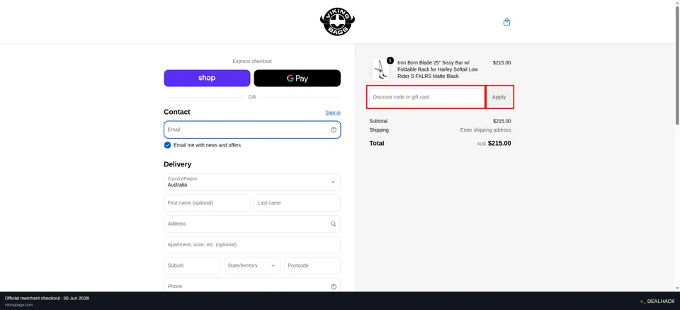 Viking Bags checkout page showing the Discount code or gift card field and Apply button