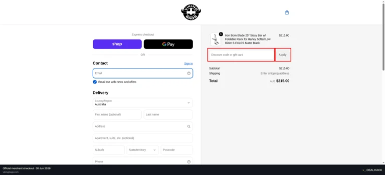 Viking Bags checkout page showing the Discount code or gift card field and Apply button