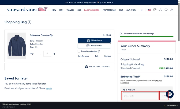 Vineyard Vines checkout page showing the Enter a code field and Apply button
