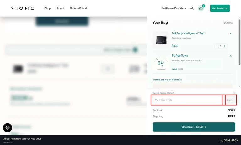 Viome checkout page showing the Enter code field and Apply button