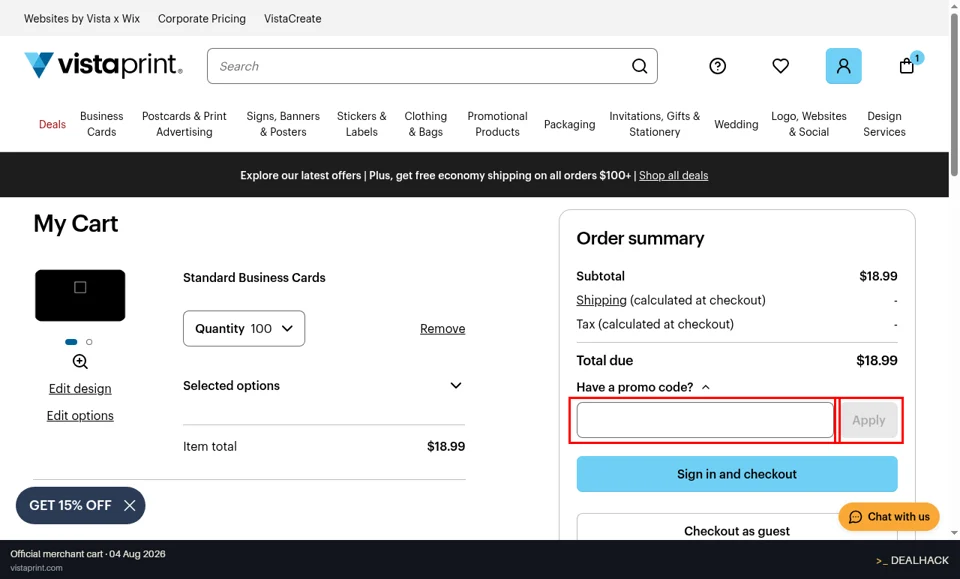 Vistaprint checkout page showing the Enter your promo code field and Apply button