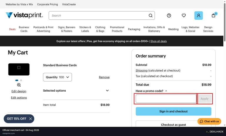 Vistaprint checkout page showing the Enter your promo code field and Apply button