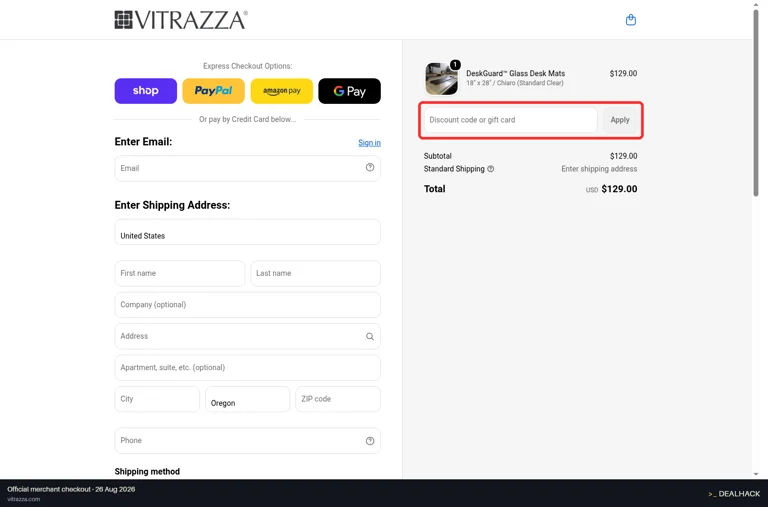Vitrazza checkout page showing the Discount code or gift card field and Apply button