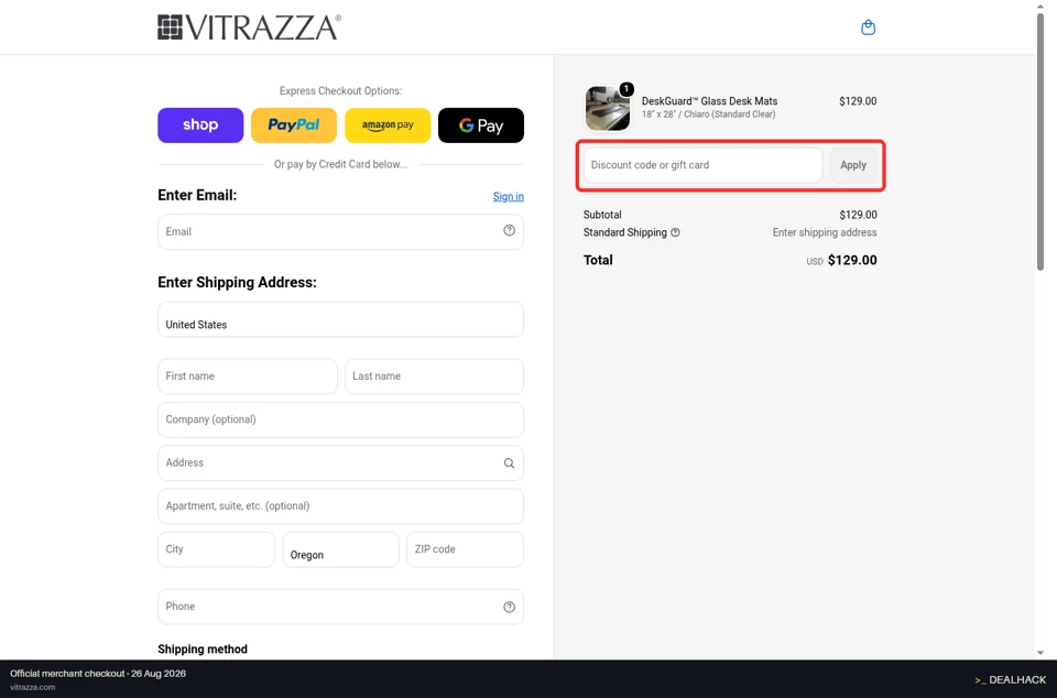 Vitrazza checkout page showing the Discount code or gift card field and Apply button