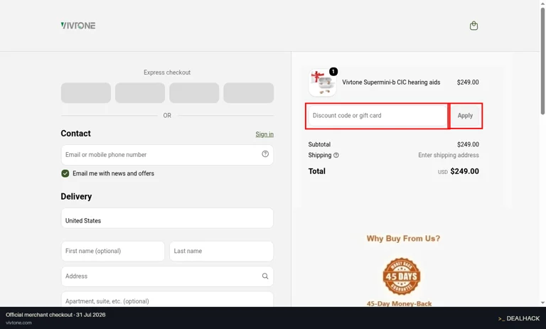 Vivtone checkout page showing the Discount code or gift card field and Apply button