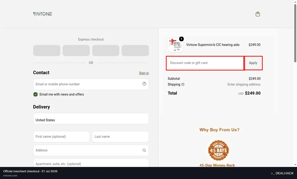 Vivtone checkout page showing the Discount code or gift card field and Apply button