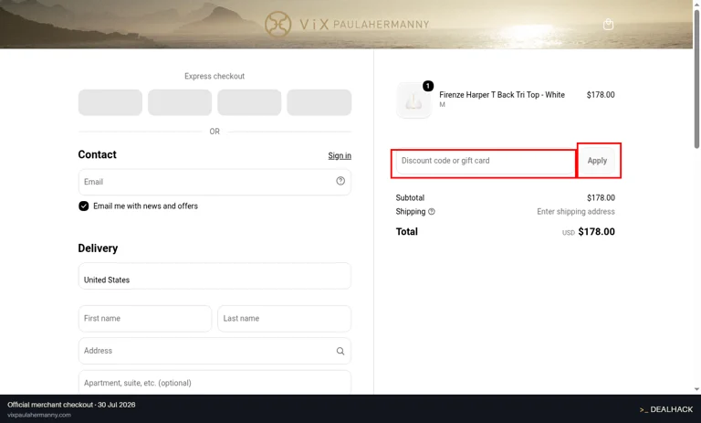 ViX Paula Hermanny checkout page showing the Discount code or gift card field and Apply button