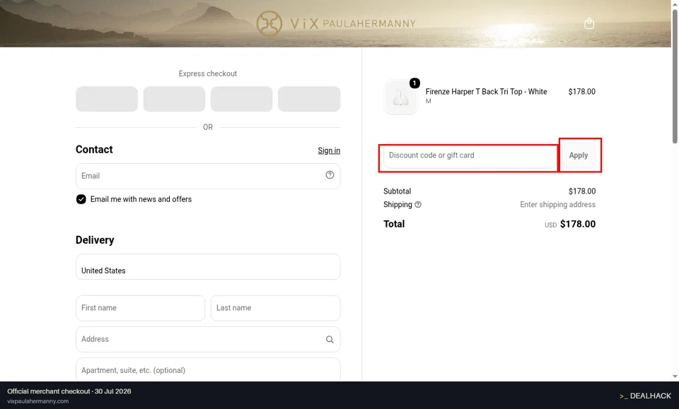 ViX Paula Hermanny checkout page showing the Discount code or gift card field and Apply button