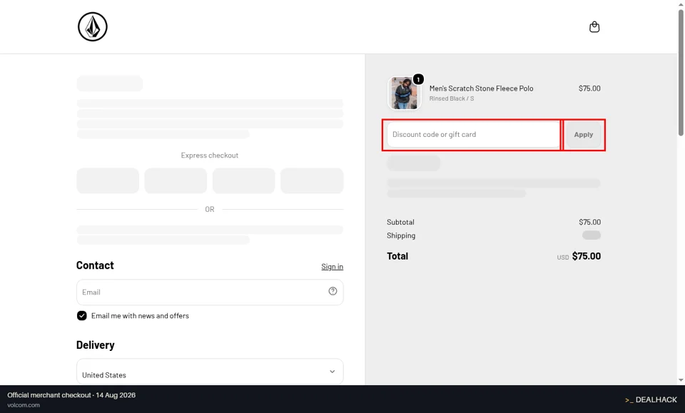Volcom checkout page showing the Discount code or gift card field and Apply button